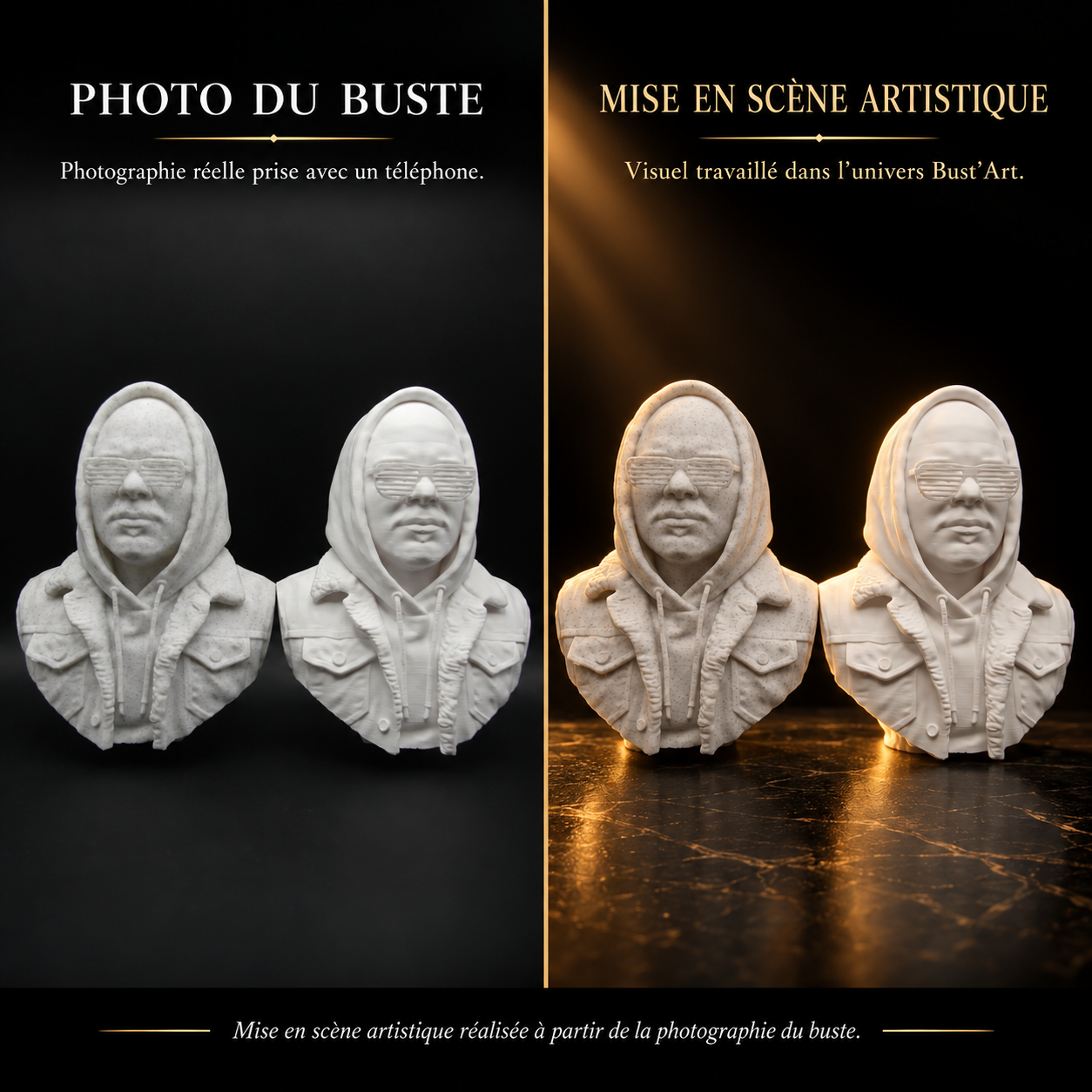 Deux bustes à capuche : photographie des bustes à gauche, mise en scène artistique à droite