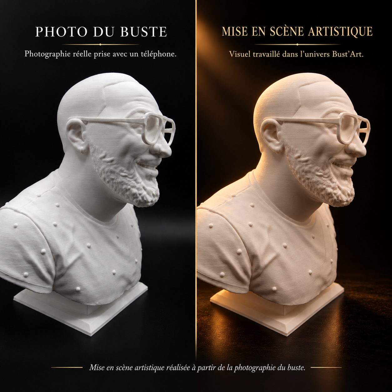 Portrait de profil : photographie du buste blanc mat à gauche, mise en scène artistique dorée à droite