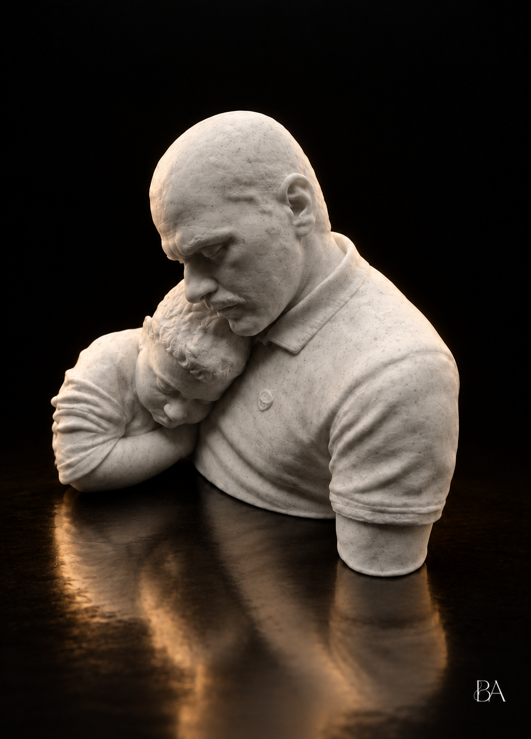 Buste Bust’Art d’un père serrant son enfant contre lui, dans une lumière chaude
